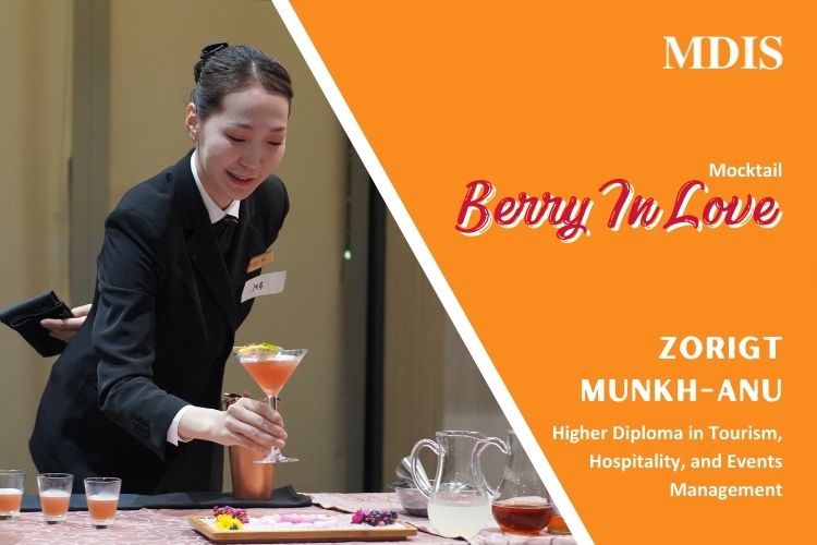 MDIS School of Tourism and Hospitality Student preparing a mocktail at the National Mocktail Competition 2023.