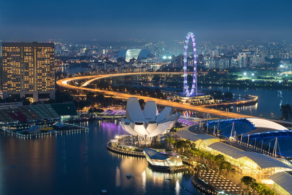 Skyview of Marina Bay at night.