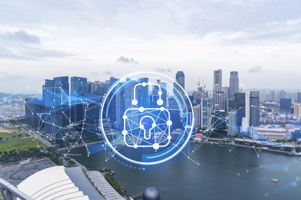 Futuristic padlock design overlooking the city scape of Singapore.